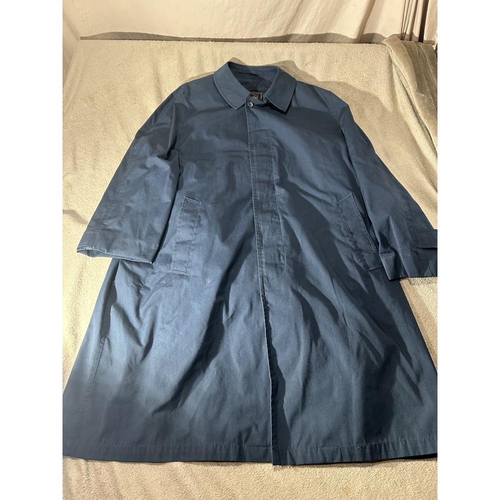 Vtg Botany 500 Navy Blue Trench Coat Mac Faux Fur Lined Mens 46 Reg